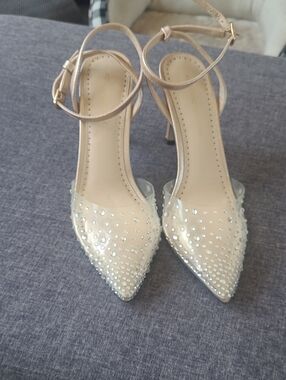 Pinkish Nude Metalic Crystal-Studded Pointed-Ankle Strap Heels